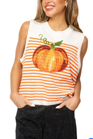 Queen of Sparkles Ivory & Orange Pumpkin Knit Tank