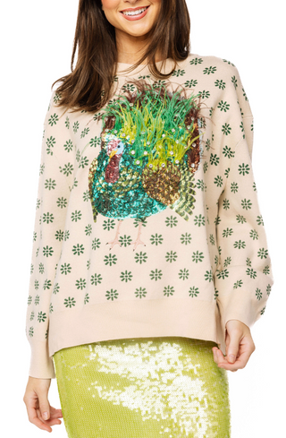 Queen of Sparkle Flower Print Feather Turkey Sweater