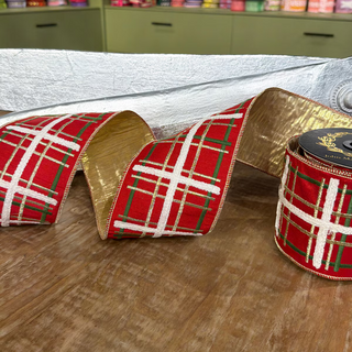 JME 4in x5yds Emb Red Green Plaid Fused Ribbon