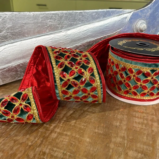 JME Ribbon 4in x 5yds Green Velvet Red Floret Trim
