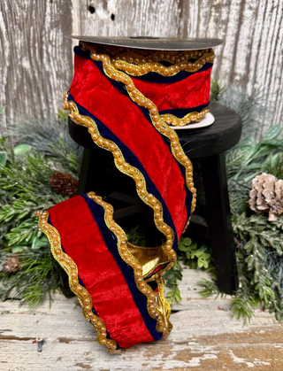 JME Ribbon 2.5" x10 yd Red Velvet Navy Trim Metallic Ribbon