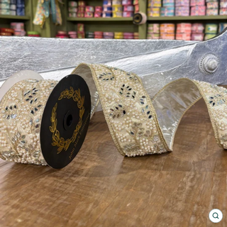 JME Ribbon 2.5" x10 yd Gold Jeweled Pearl Mirror Trim Ribbon