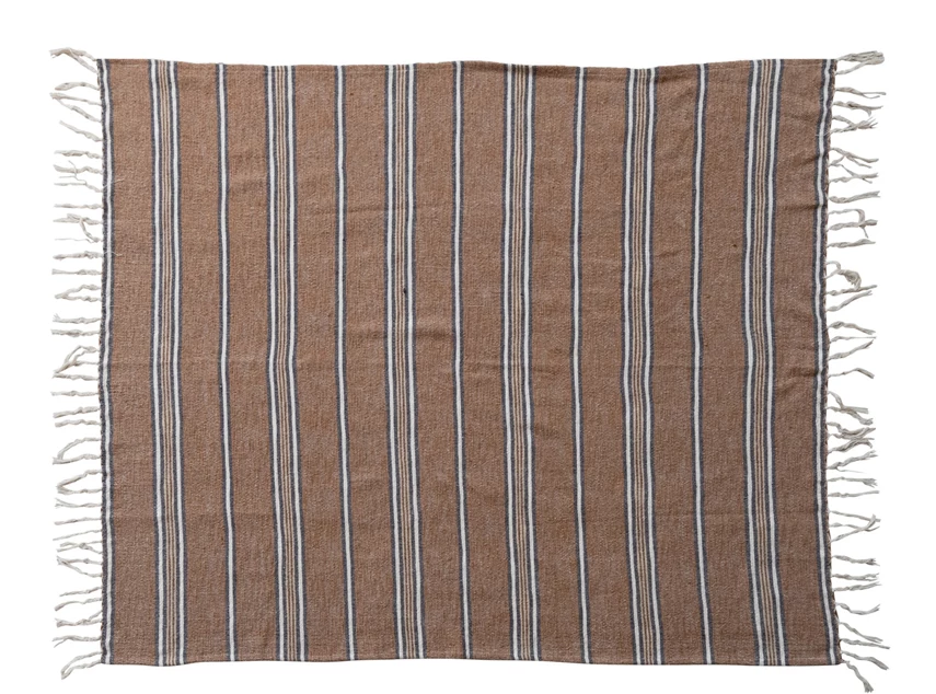 Cotton Blend Throw with Stripes & Fringe