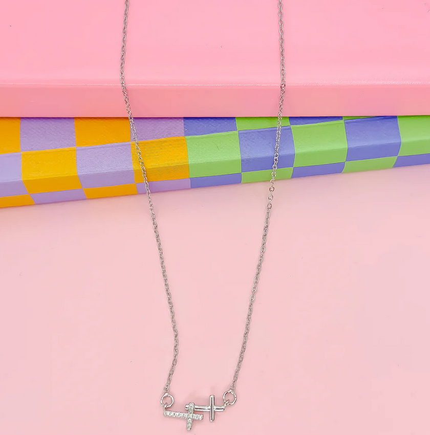 Treasure Jewels Double Cross Silver Necklace