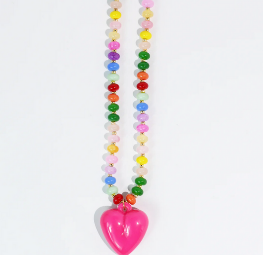 Treasure Jewels Happy Colorful Heart Necklace - Hot Pink
