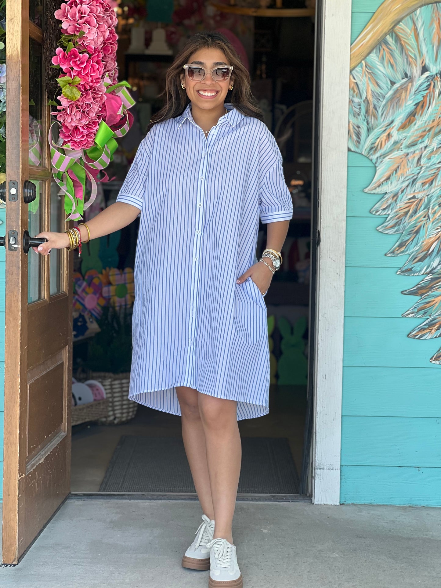 Blue Stripe Metallic Detail Dress