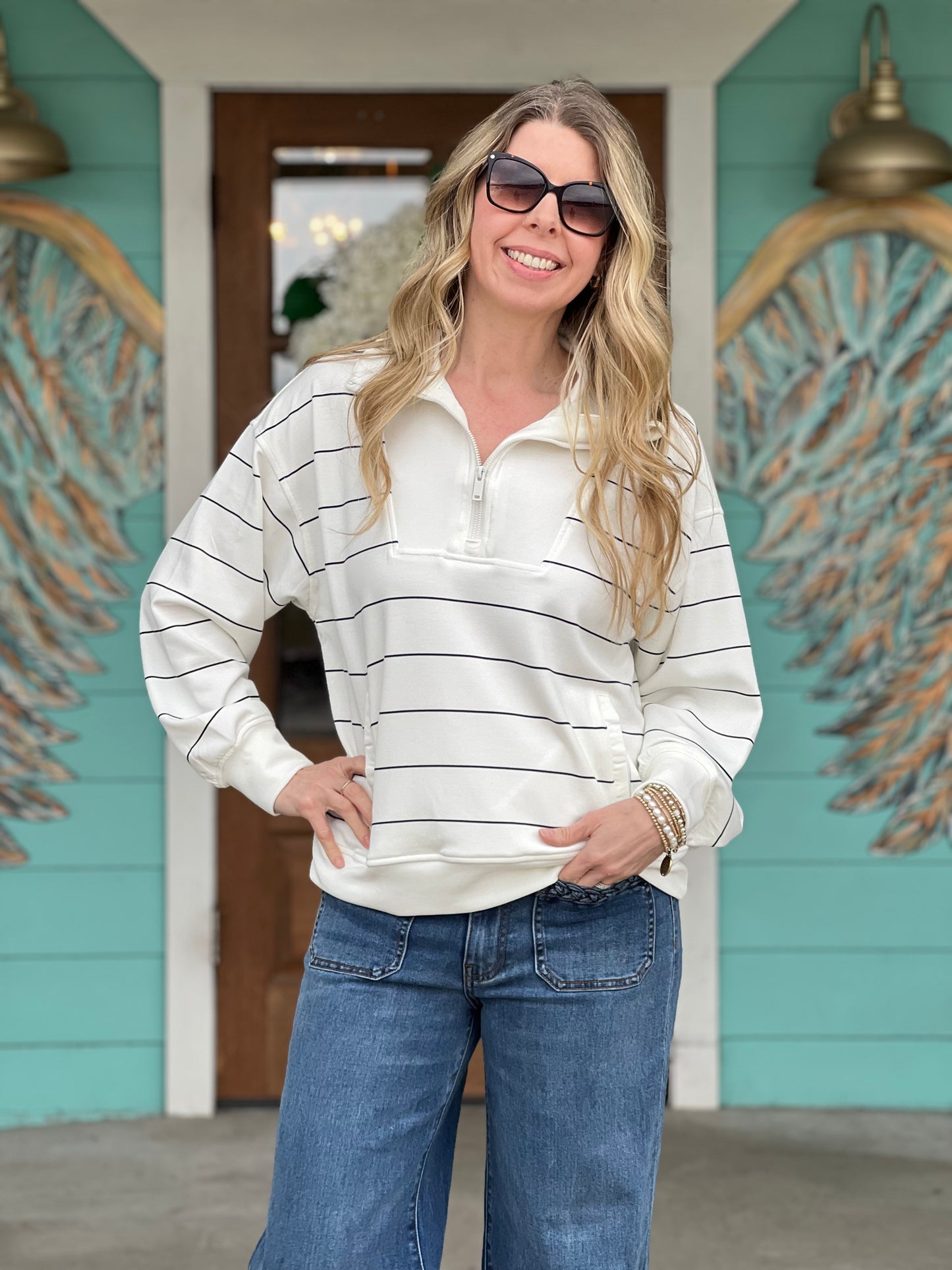 White & Black Stripe Half Zip Pullover