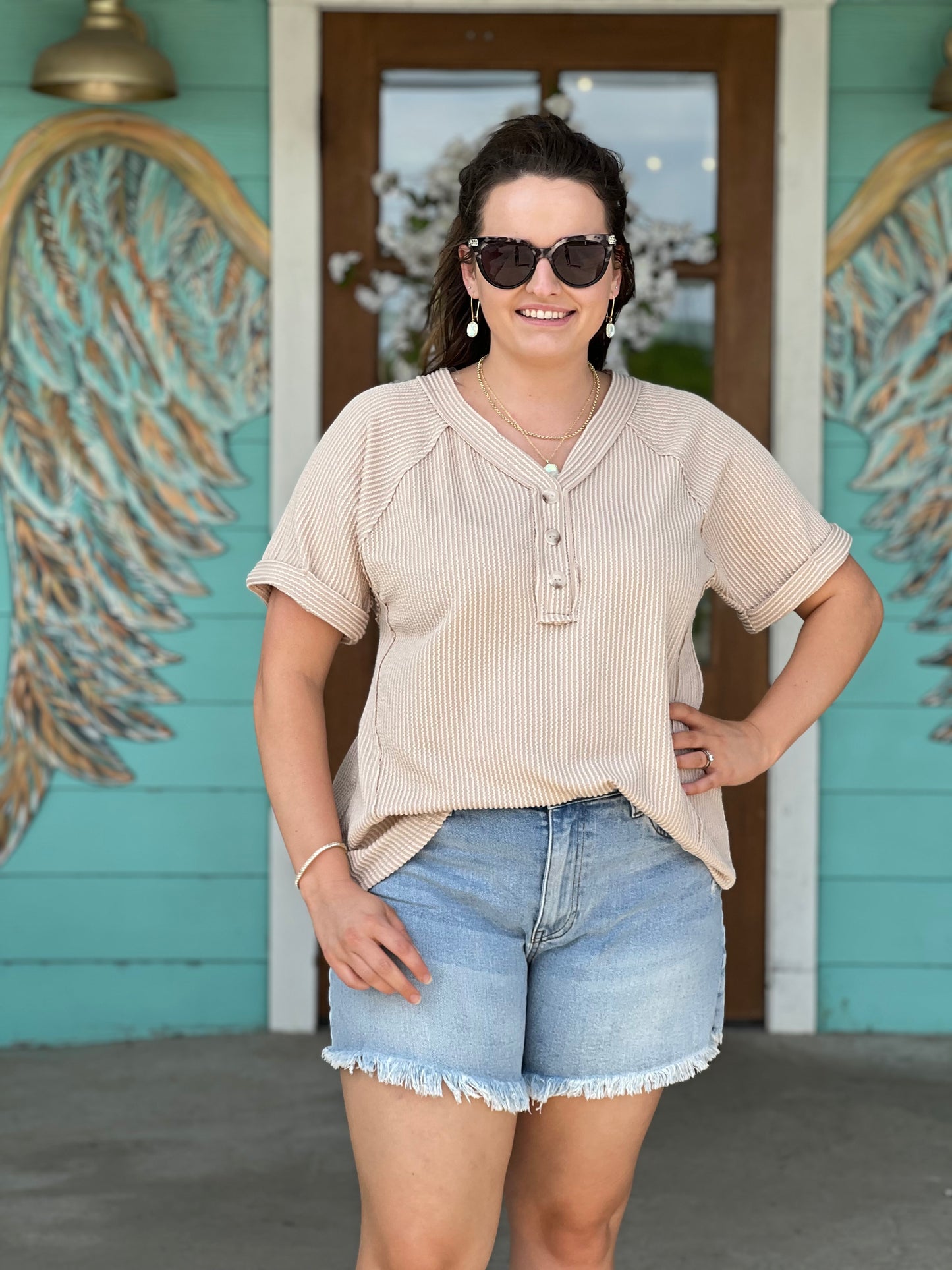 Taupe Textured V-Neck Top