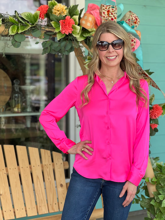 Pretty in Pink Satin Button Down Shirt