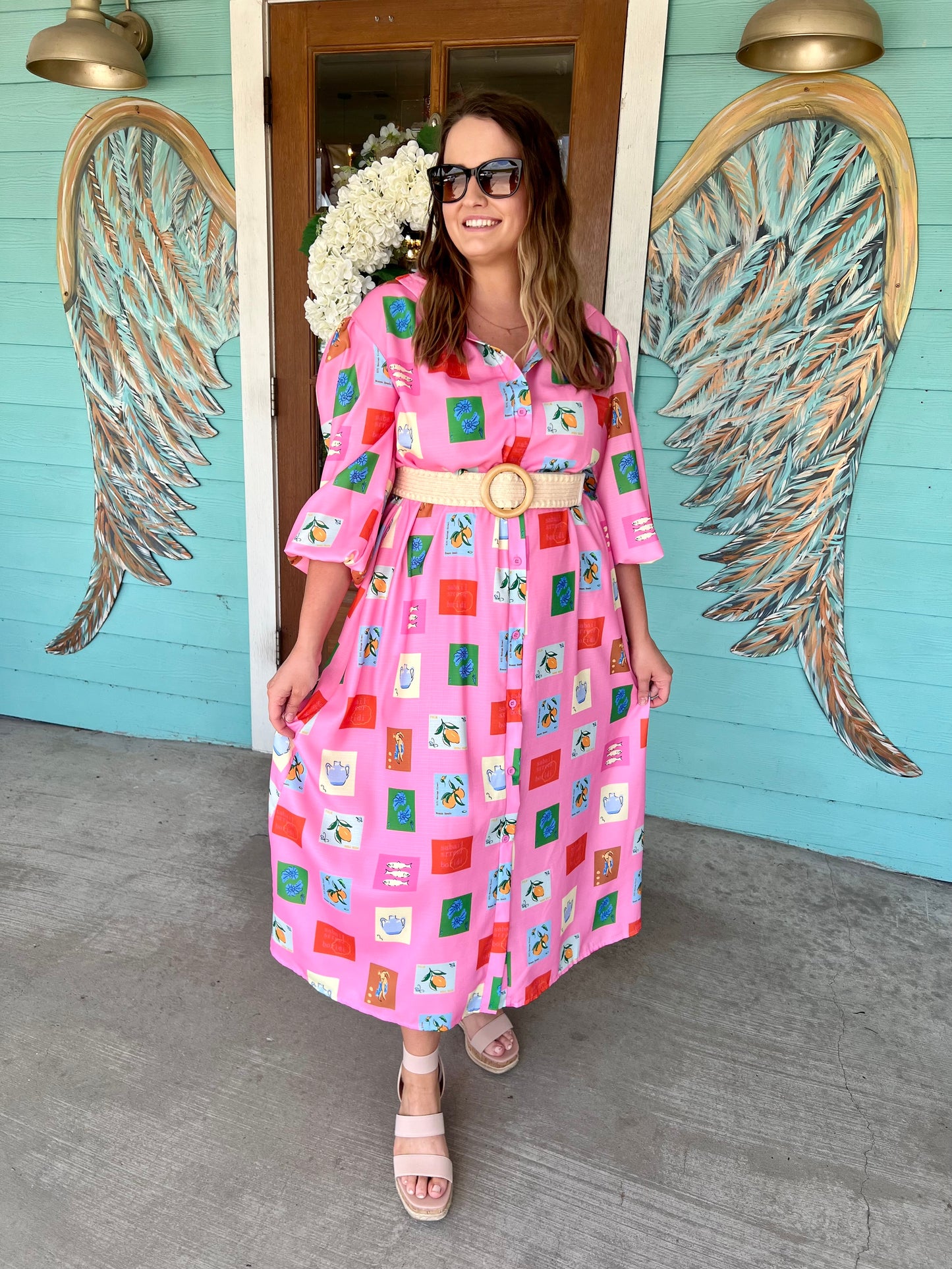 Pink Tile Print Belted Maxi Dress