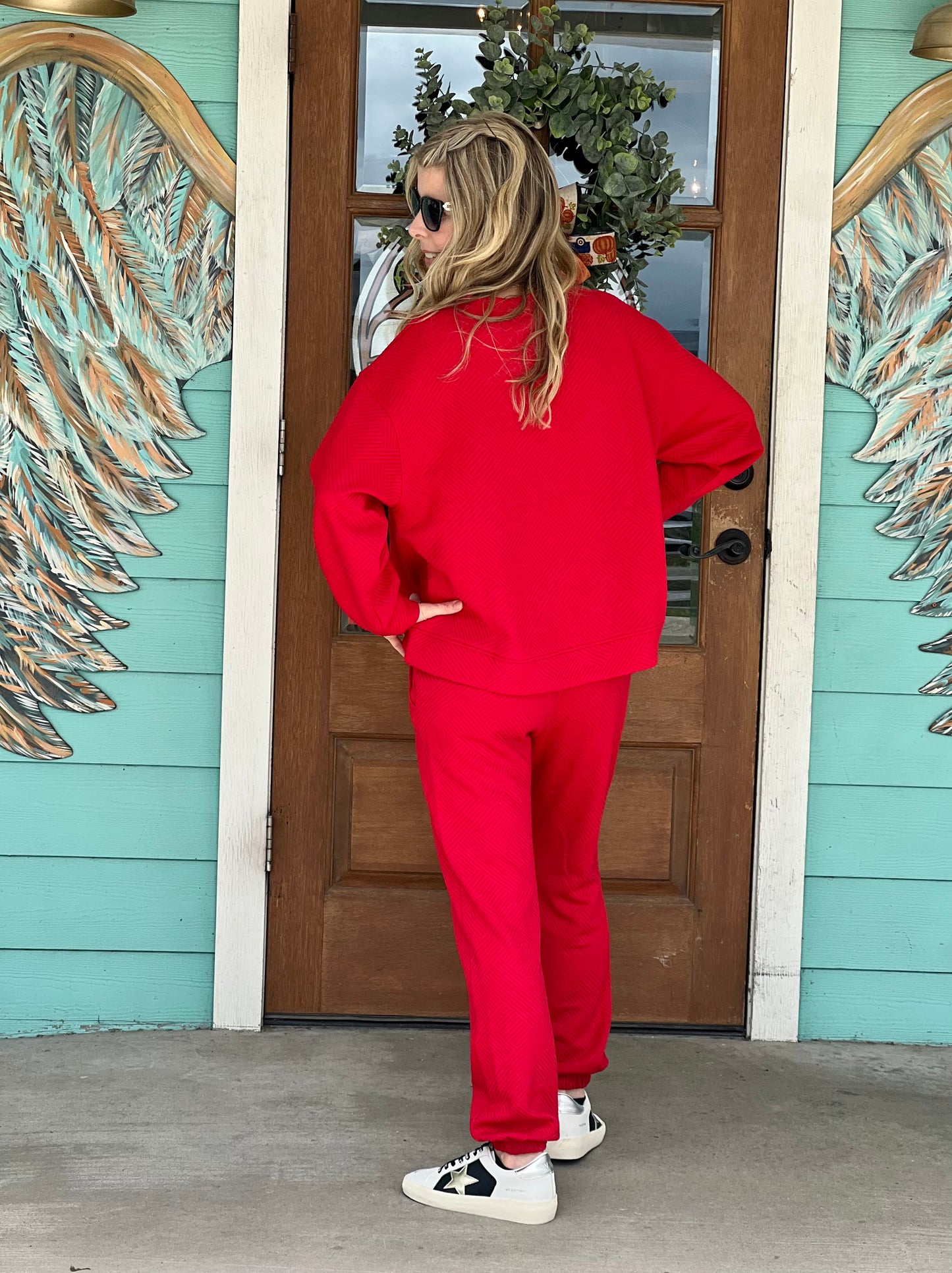 Red Textured Jogger Pants