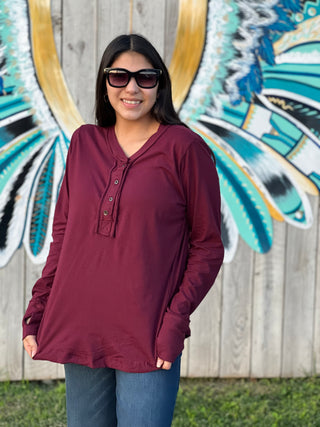 Burgundy BUTTON CLOSURE LONG SLEEVE TOP