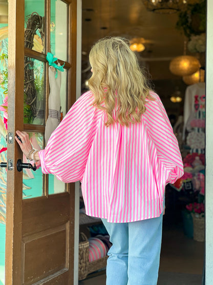 Neon Pink Striped Button Up Top