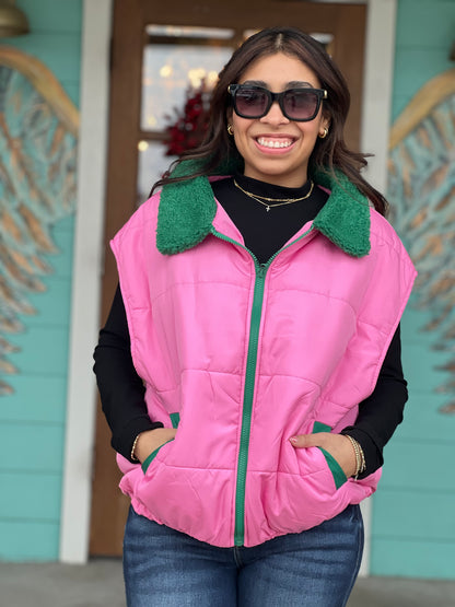 Pink & Green Puffer Vest - One Size