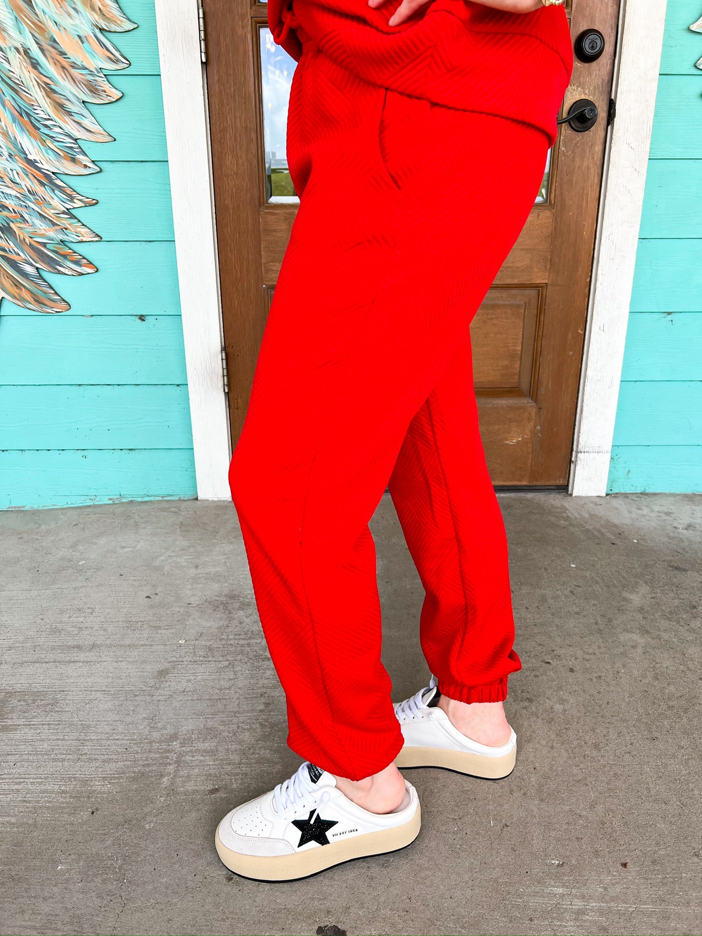 Red Textured Jogger Pants