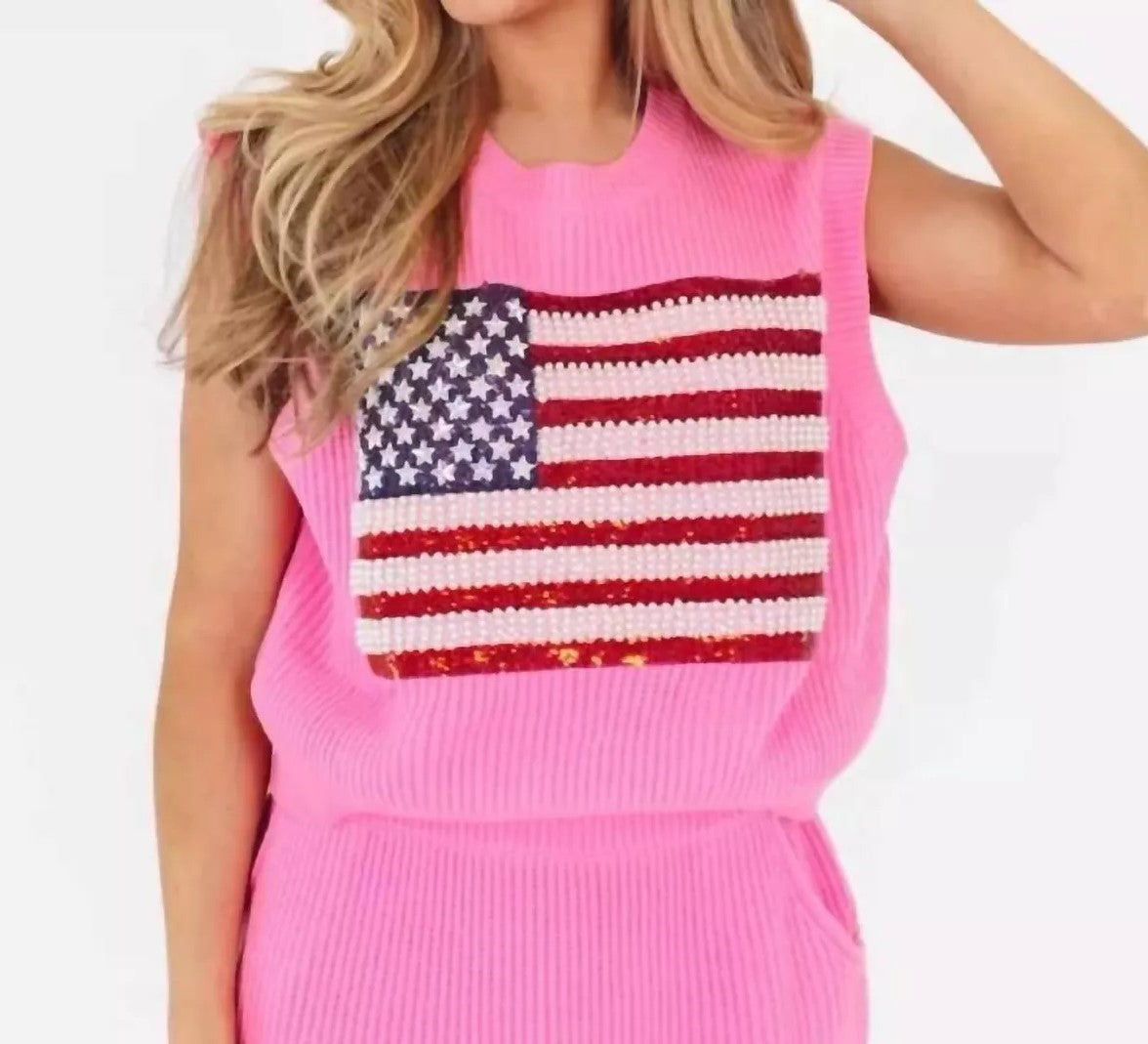 Neon Pink American Flag Sweater Tank