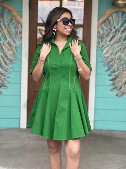 Green Topstitch Detail Mini Dress