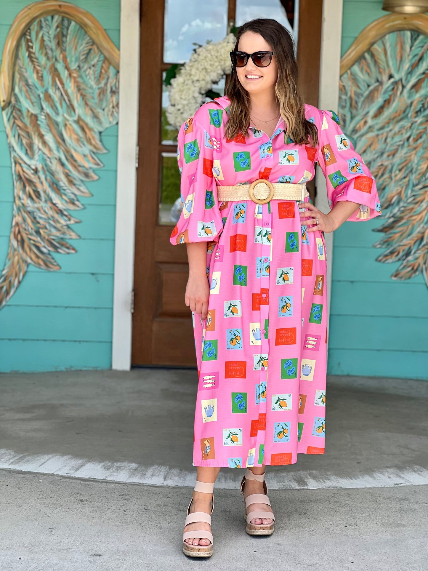 Pink Tile Print Belted Maxi Dress