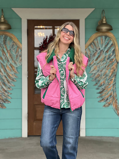 Pink & Green Puffer Vest - One Size