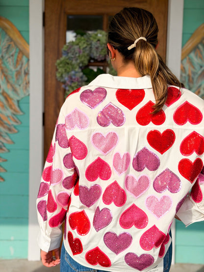 Queen of Hearts Rhinestone Heart Button Up Top