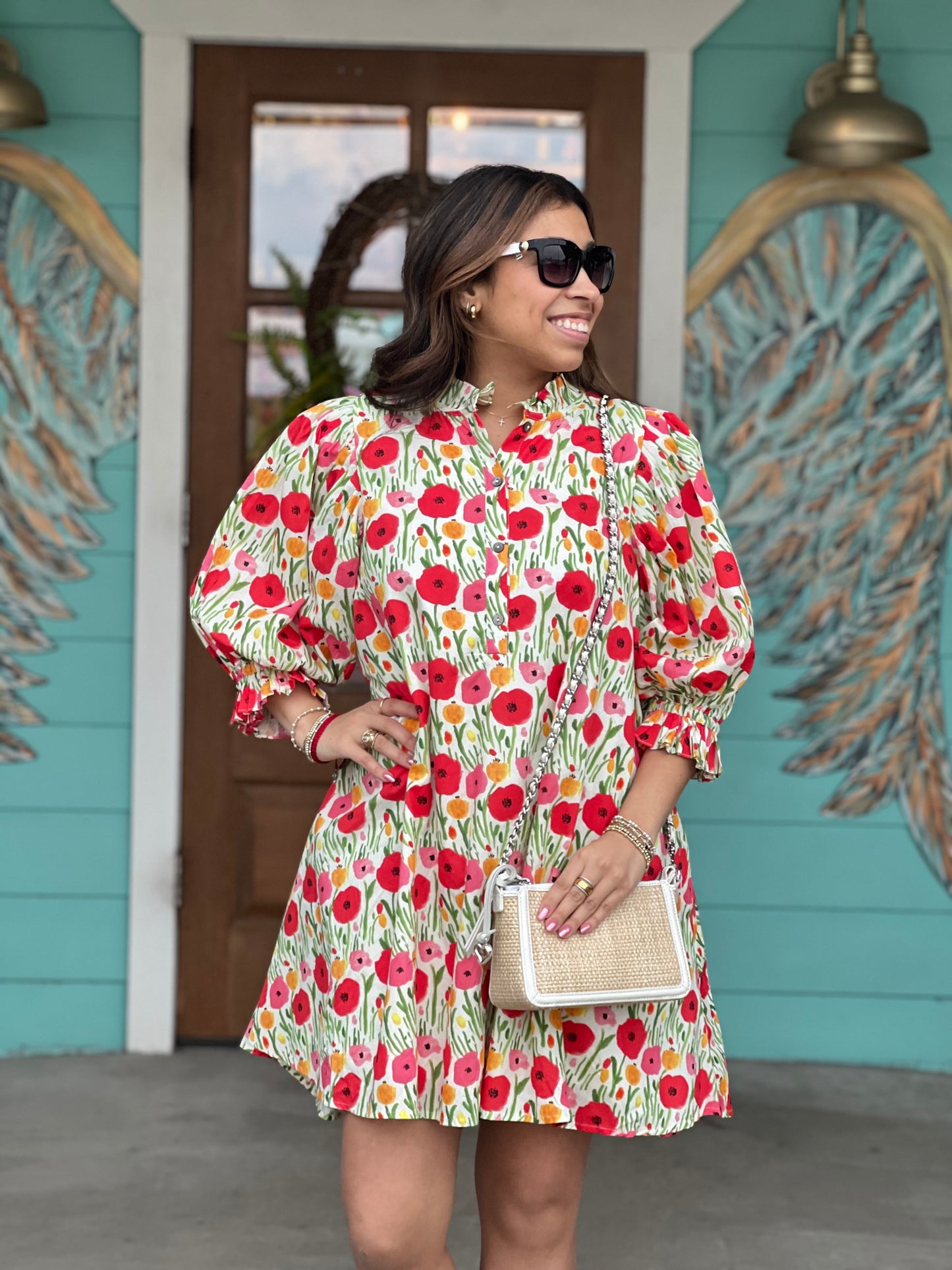 Red Floral Print w/Tie Detail Dress