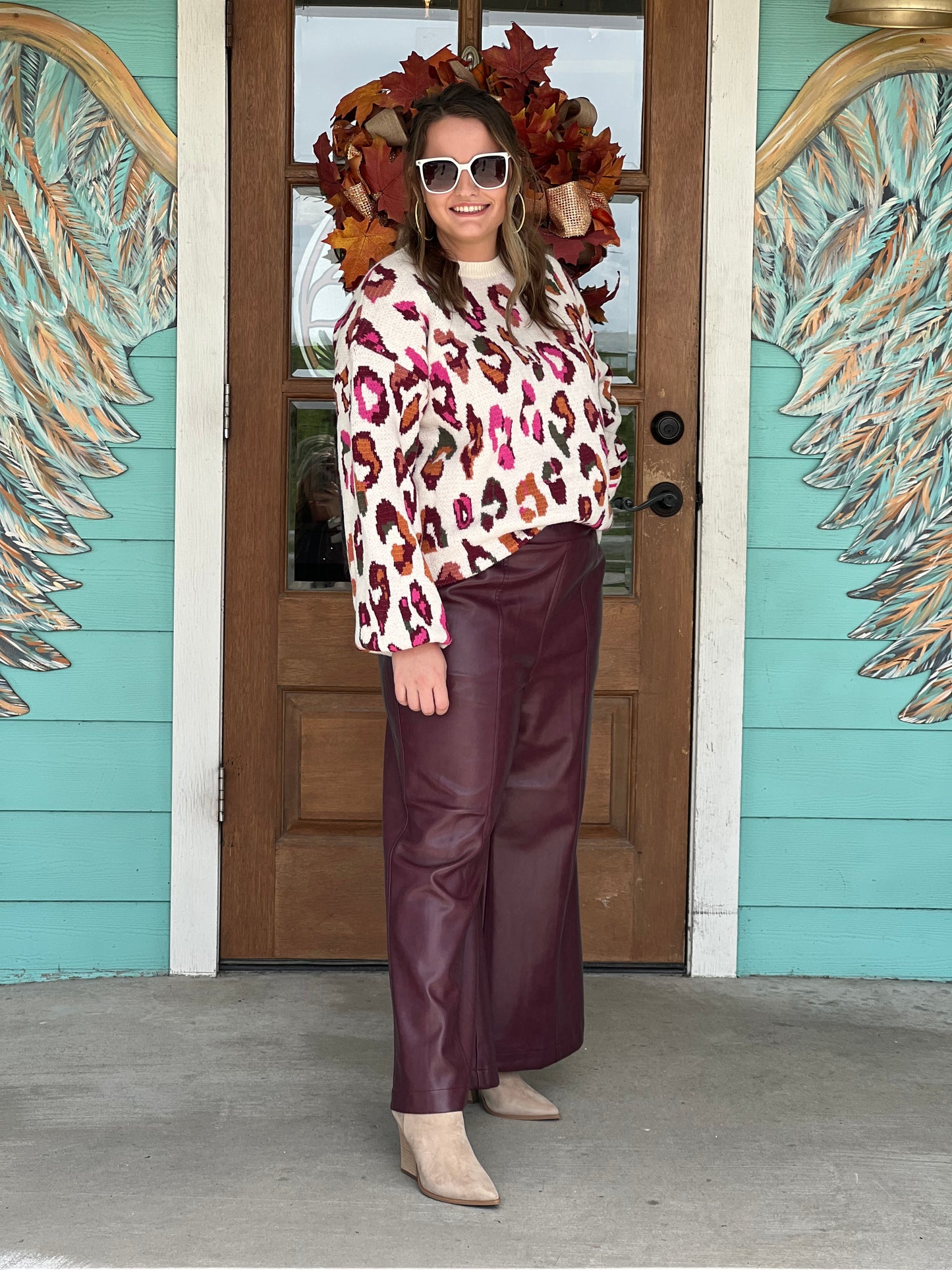 Wine Faux Leather Wide Leg Pants