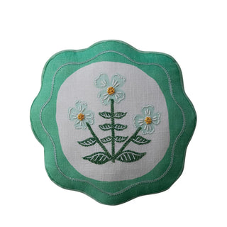 Round Scalloped Green Pillow with Embroidery