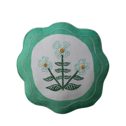 Round Scalloped Green Pillow with Embroidery