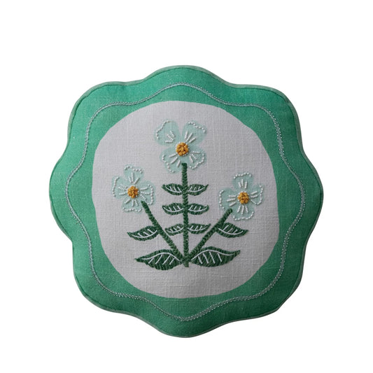 Round Scalloped Green Pillow with Embroidery