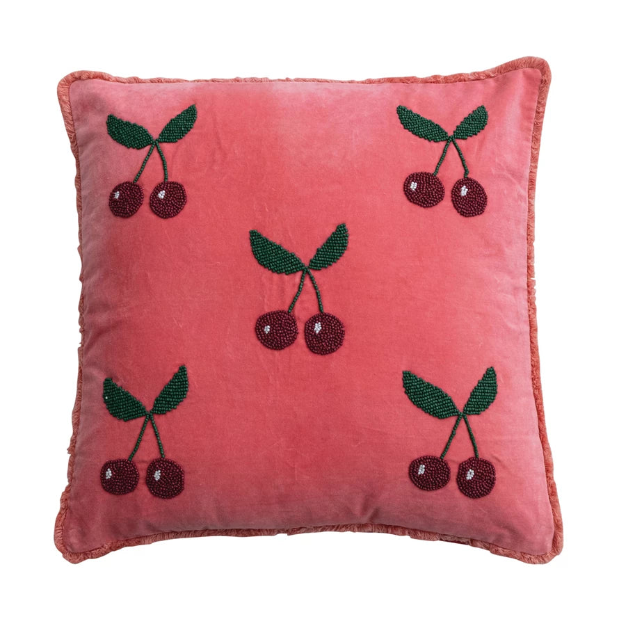 20" Velvet Pillow Hand-Beaded Cherries