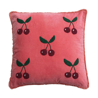 20" Velvet Pillow Hand-Beaded Cherries