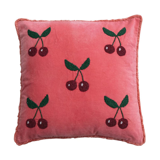20" Velvet Pillow Hand-Beaded Cherries