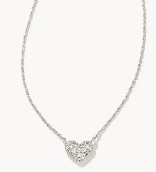 Kendra Scott Ari Silver Pave Crystal Heart Necklace in White Crystal