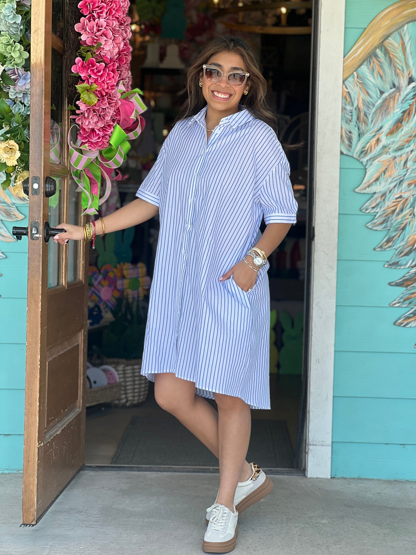 Blue Stripe Metallic Detail Dress