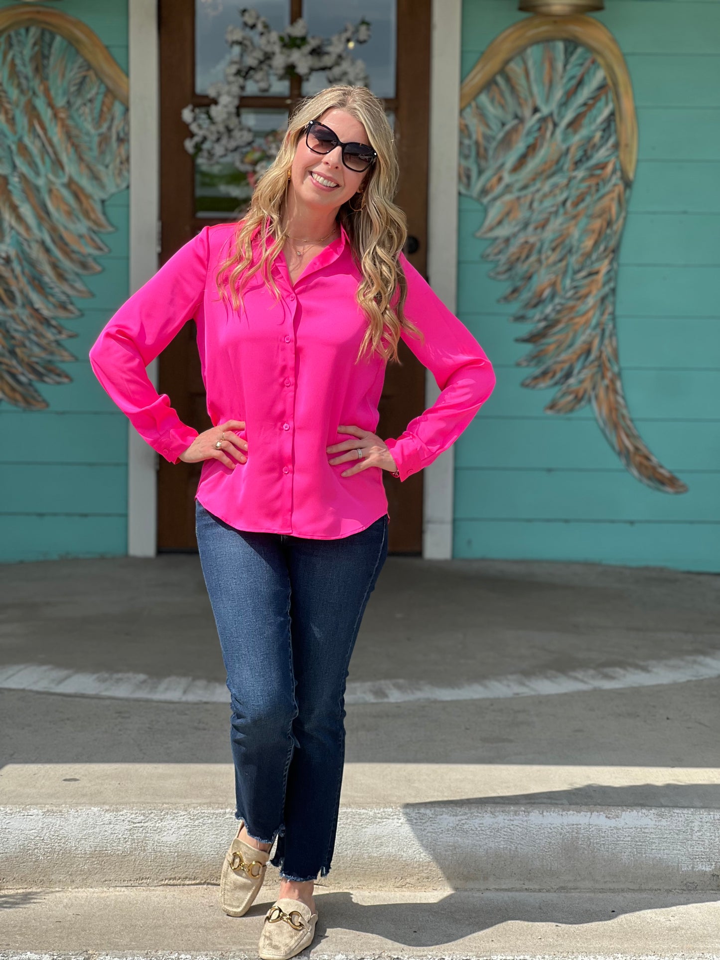 Pretty in Pink Satin Button Down Shirt