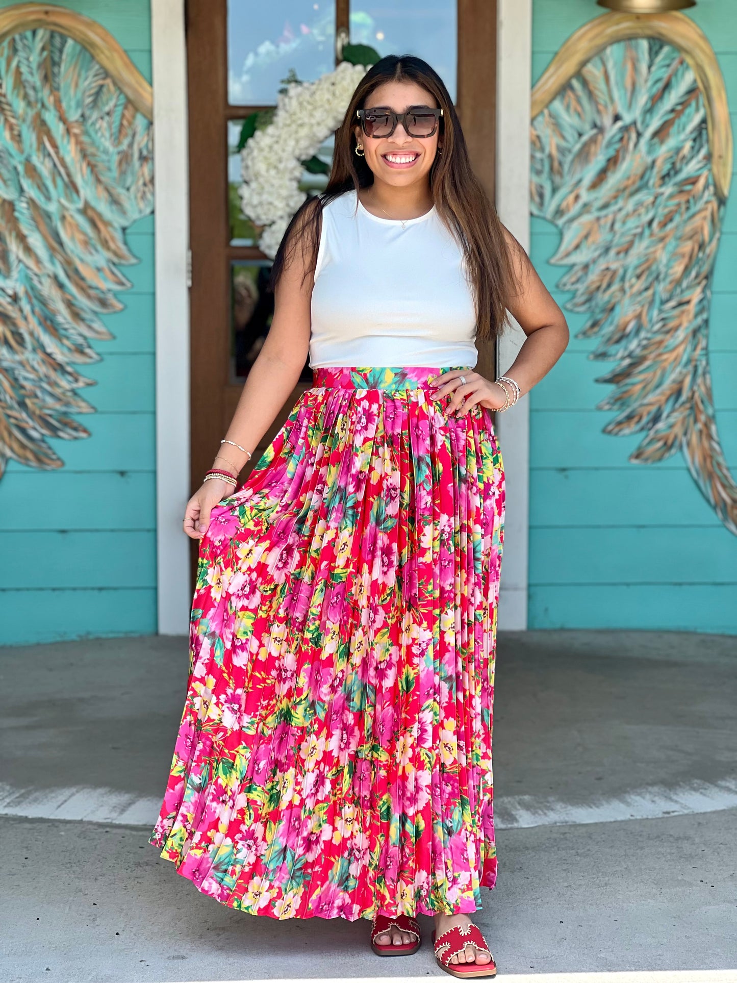 Hot Pink Floral Pleated Maxi Skirt