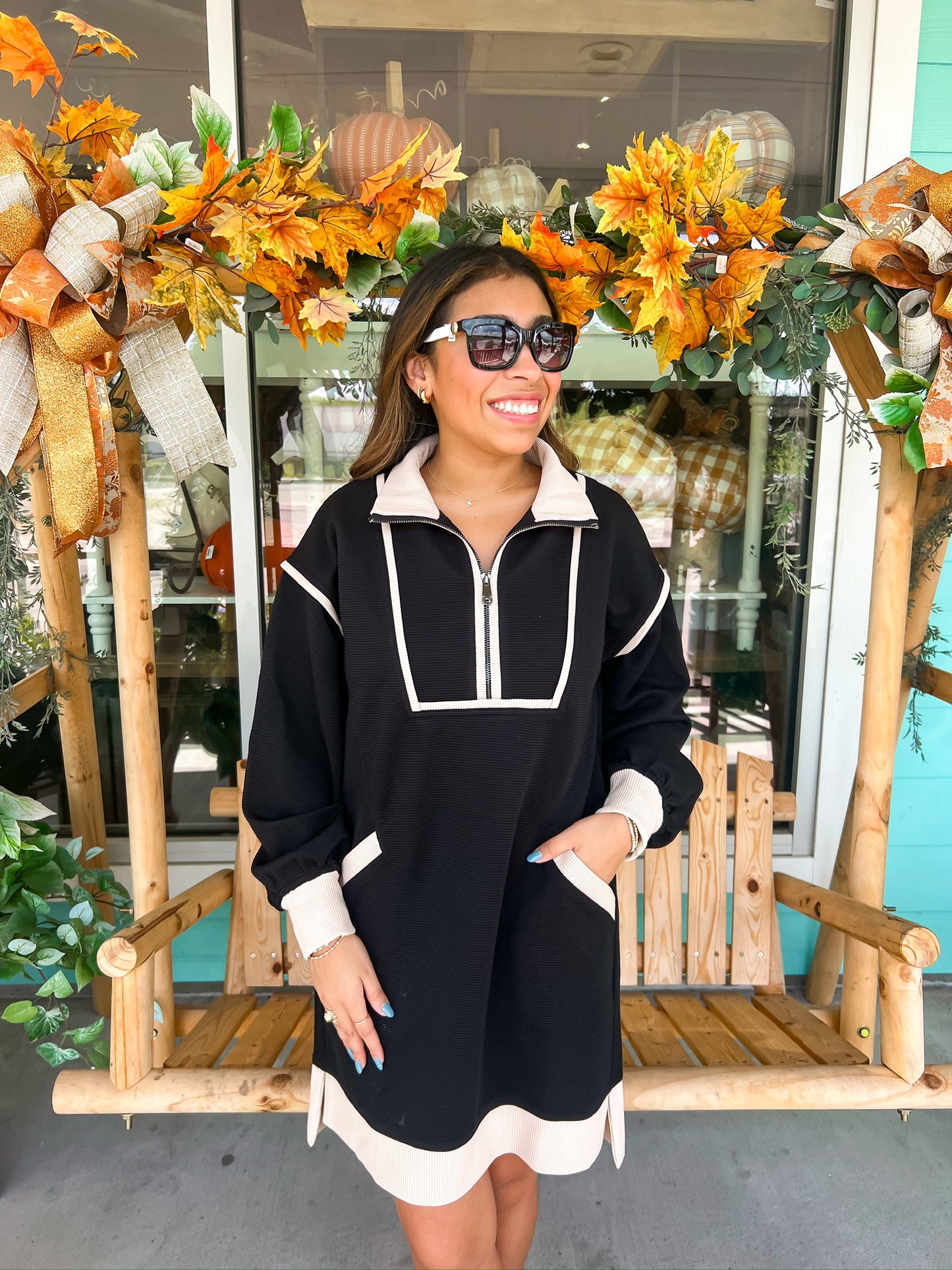 Black & Taupe Long Sleeve Dress