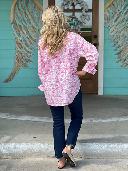 Pink Magnolia Print Button Up Shirt