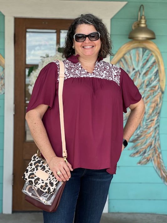 Maroon Embroidered Elko Top