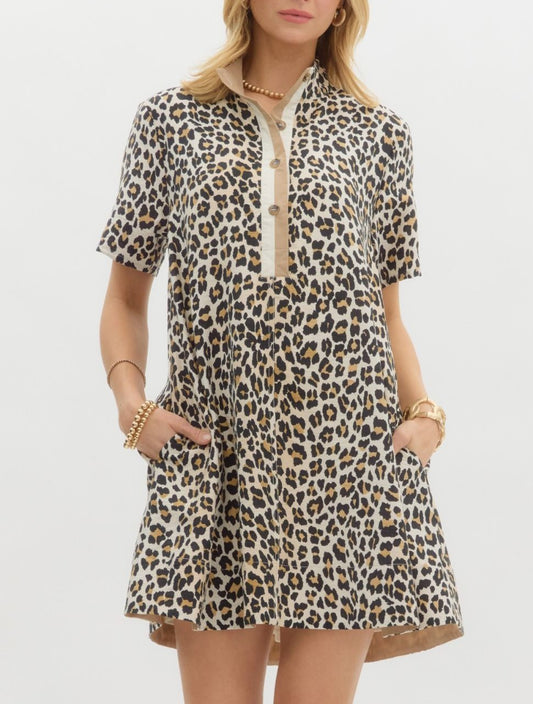 Camel Leopard Button Collar Dress