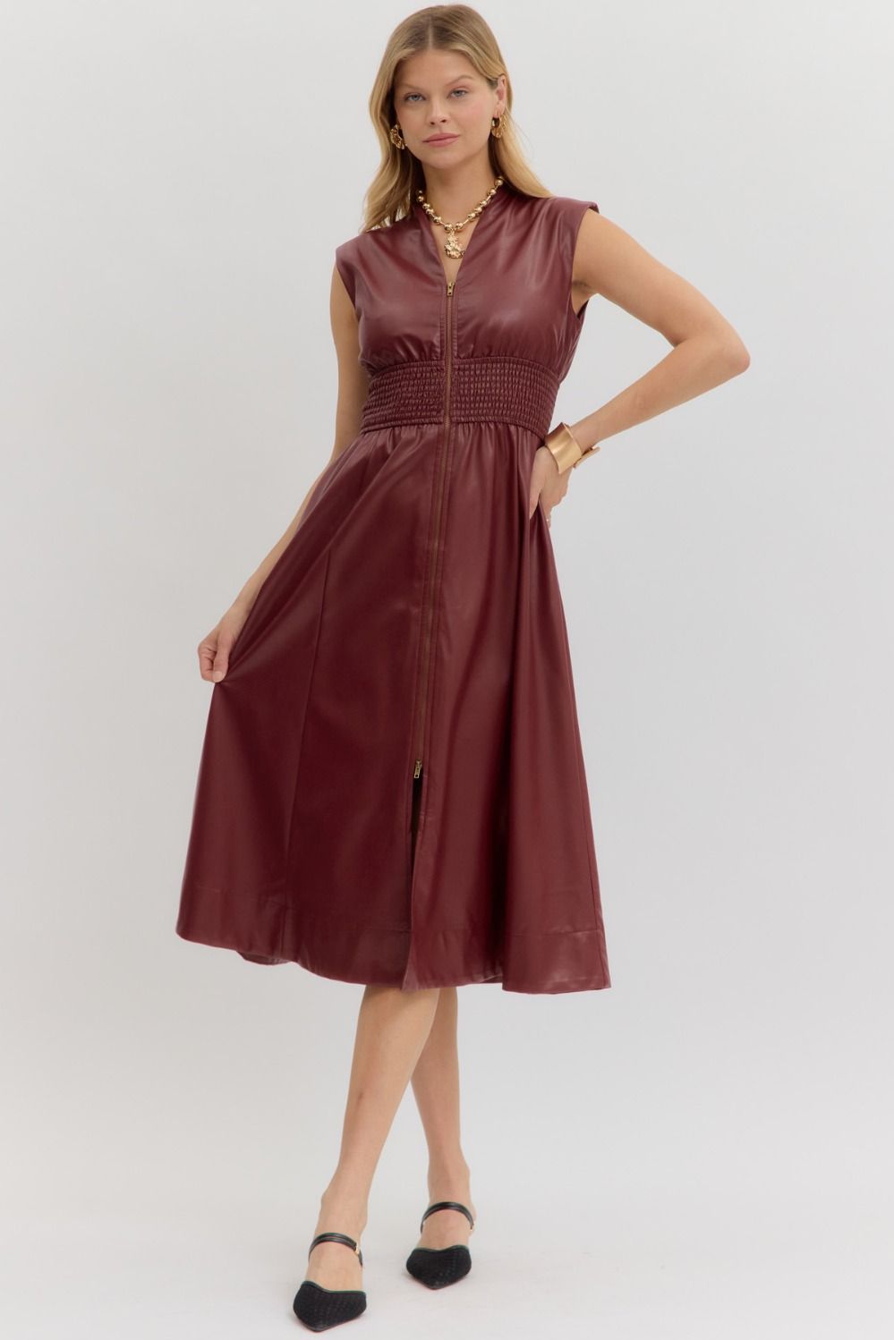 Burgundy Faux Leather Zip Front Dress