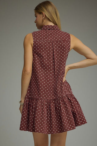 Burgundy Polka Dot Sleeveless Mini Dress