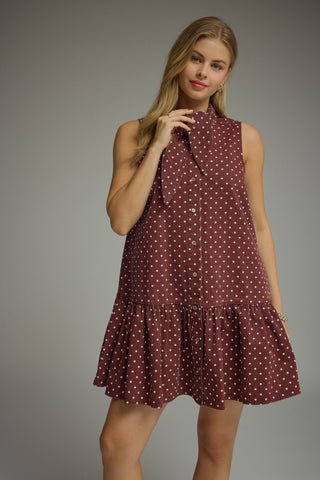 Burgundy Polka Dot Sleeveless Mini Dress