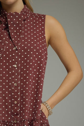 Burgundy Polka Dot Sleeveless Mini Dress