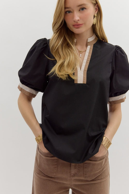Black Contrast Stripe Collar + Top