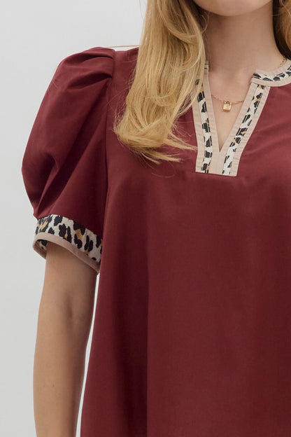 Merlot Leopard Trim Puff Sleeve Top