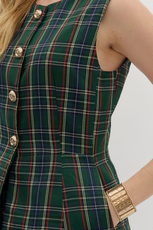 Green Plaid Gold Button Vest
