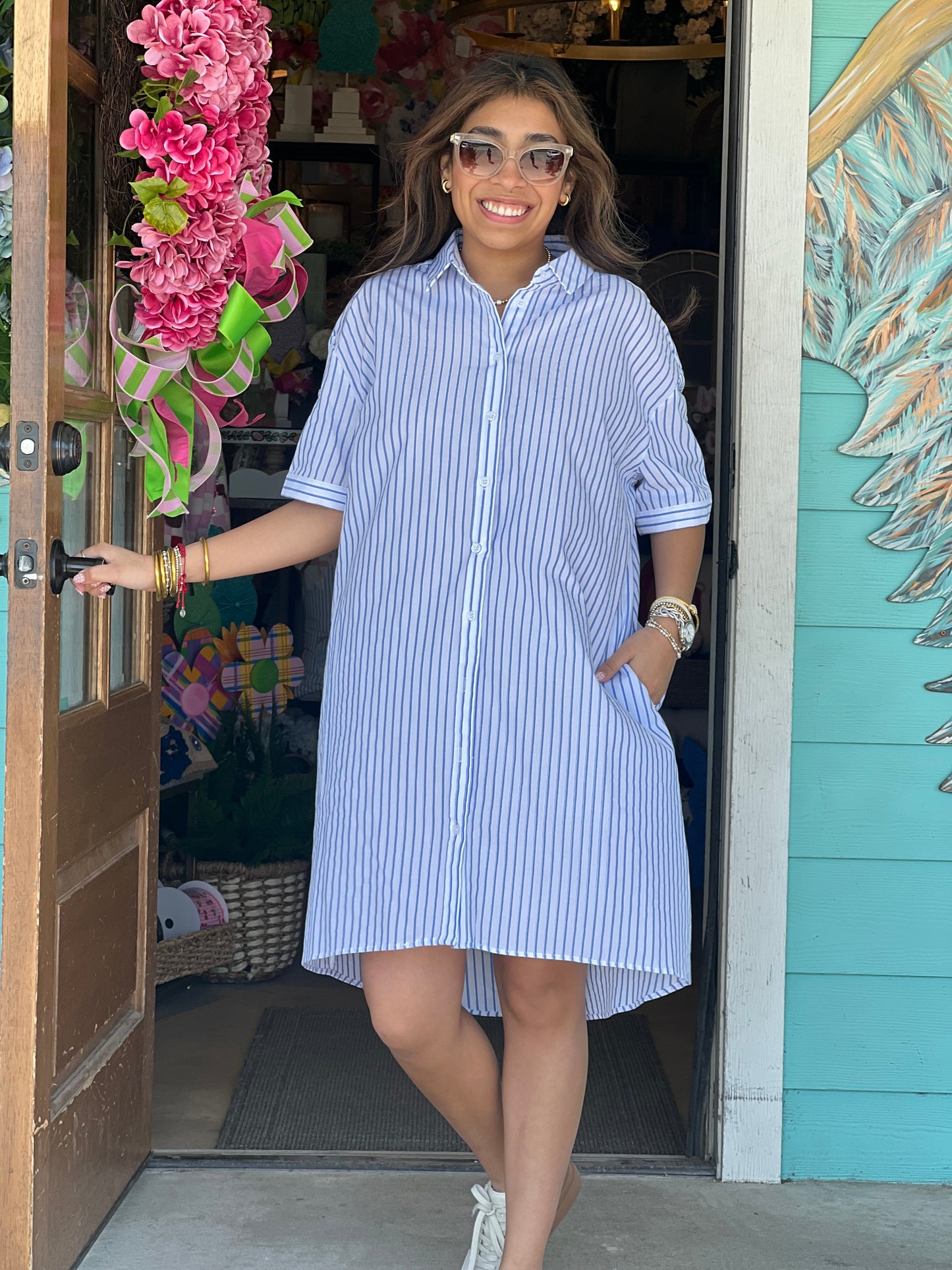 Blue Stripe Metallic Detail Dress