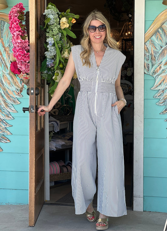 White and Navy Stripe Zipper Jumpsuit