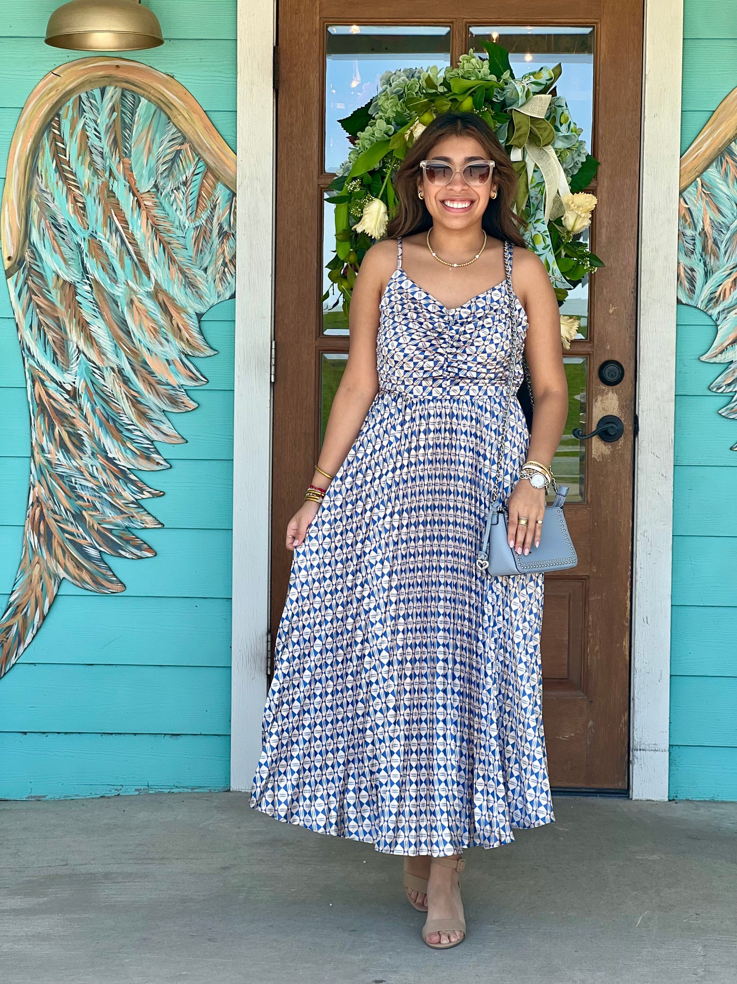 Blue Print Pleated Cami Dress